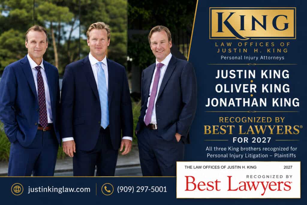 Rancho Cucamonga personal injury attorneys Justin King, Oliver King and Jonathan King of The Law Offices of Justin H. King recognized by Best Lawyers for 2027.